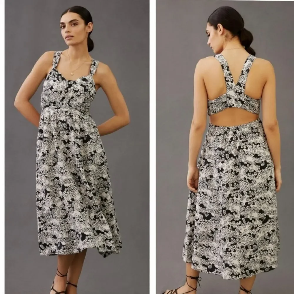 NWT Anthropologie floral black white printed midi sundress sleeveless Size S - Picture 1 of 10